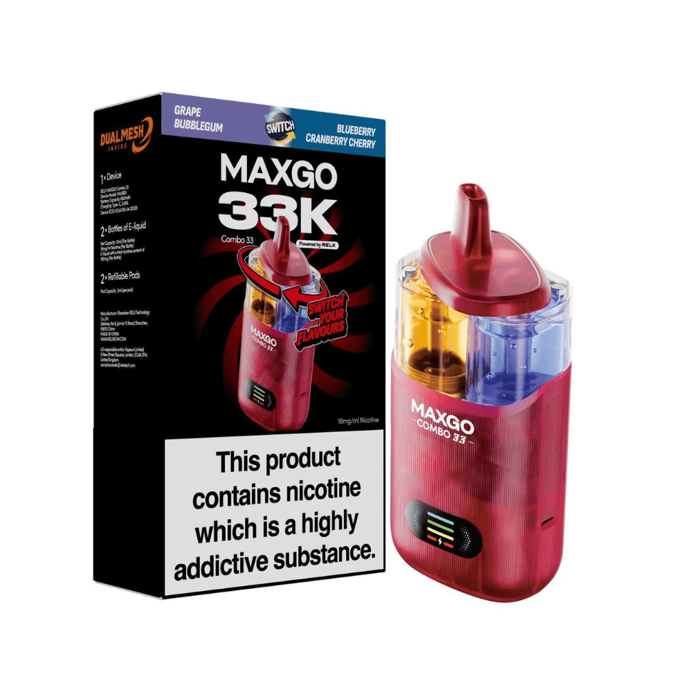  Blueberry Cranberry Cherry / Grape Bubble Gum Maxgo 33k Prefilled Vape Kit Box of 3