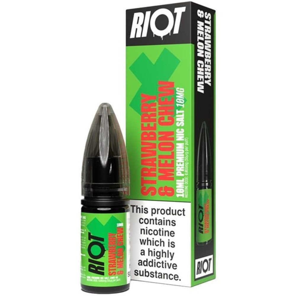  Strawberry Melon Chew / 10mg Riot X Nic Salts e liquids 10ml Box of 10