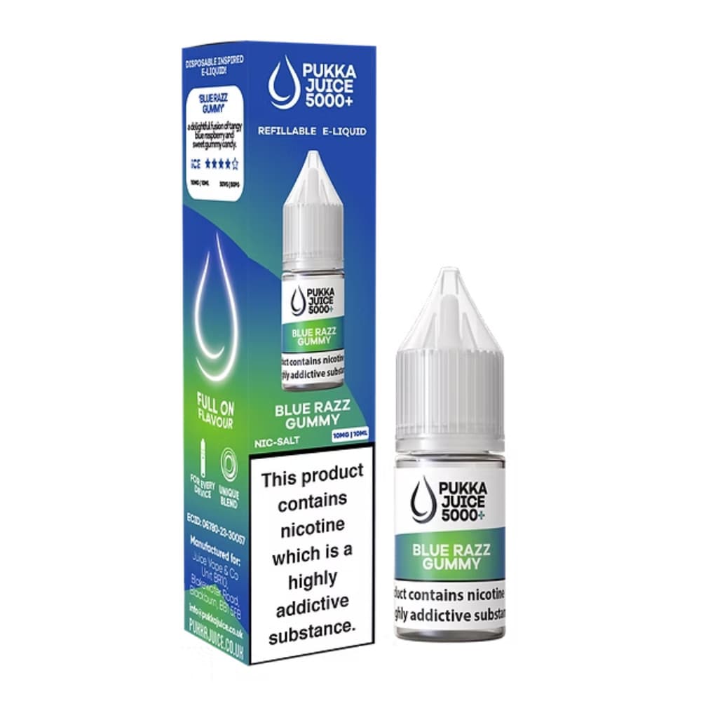  Blue Razz Gummy / 20mg Pukka Juice 5000+ Nic Salts e liquids 10ml Box of 10