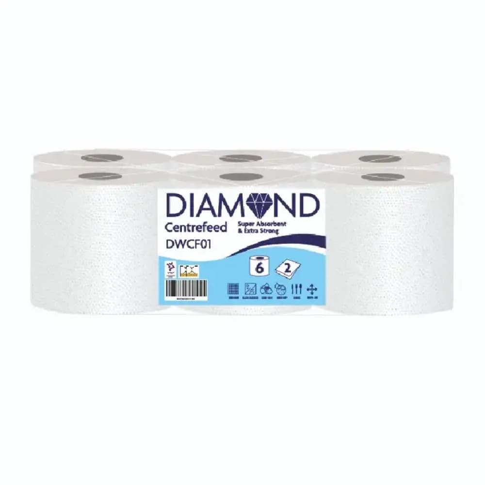  White (6 Rolls) Diamond Tissue Roll Centrefeed - 6pk
