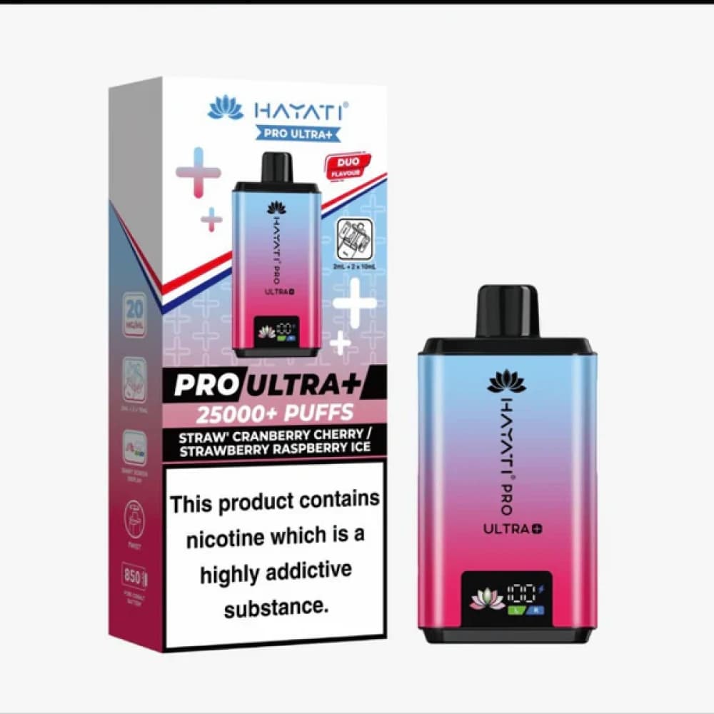 Straw'Cranberry Cherry/Straw' Raspberry Ice Hayati Pro Ultra Plus 25k Vape Kit Box of 5